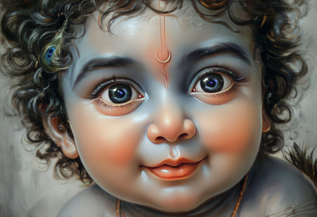 A serene and ethereal depiction of a child with a divine expression, adorned with a peacock feather and a sacred mark on the forehead, evoking a sense of spirituality and innocenceの素材