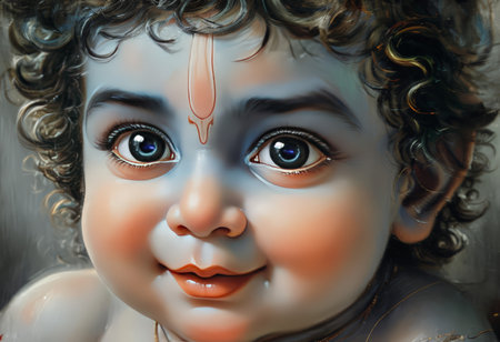 A serene and ethereal portrait of a young child with a divine appearance, featuring a forehead mark and curly hair, evoking a sense of innocence and spirituality.の素材