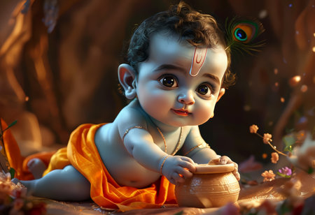 A serene depiction of a baby dressed in traditional attire, holding a clay pot, surrounded by floral elements and a warm, golden glow.の素材