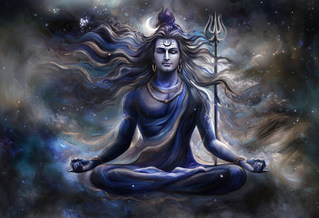 A serene depiction of Lord Shiva in meditation, surrounded by cosmic energy and holding a trident, symbolizing spiritual enlightenment and cosmic power.の素材