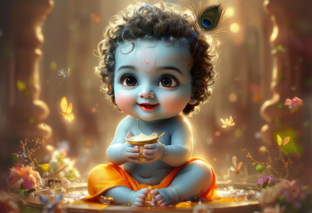 A serene depiction of a baby figure in traditional attire, surrounded by nature and light, evoking a sense of innocence and spirituality.の素材