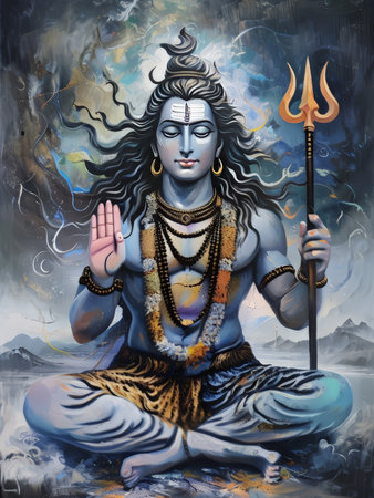 A serene depiction of Lord Shiva in meditation, adorned with a trident and surrounded by ethereal clouds and symbolic elements.の素材