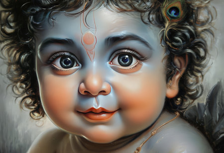 A serene and ethereal portrait of a baby with a serene expression, adorned with a peacock feather, symbolizing innocence and divinity.の素材