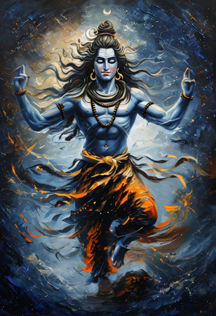 A serene depiction of Lord Shiva in a meditative pose, surrounded by swirling cosmic energy and celestial elements, embodying tranquility and spiritual power.の素材