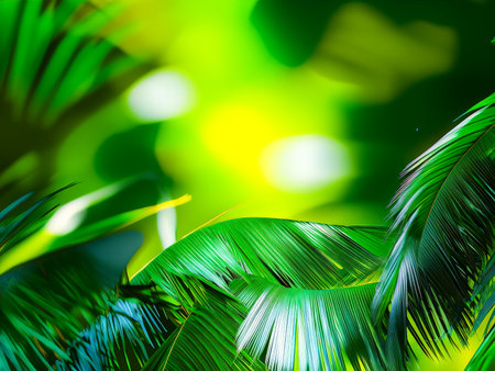 A close-up of vibrant green palm leaves with a blurred yellow-green background suggesting sunlight filtering through foliage.の素材