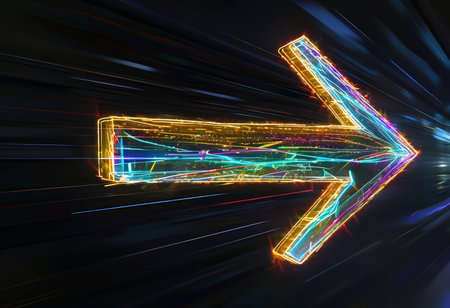 A vibrant neon arrow pointing right against a dynamic background of streaks and light trails.の素材