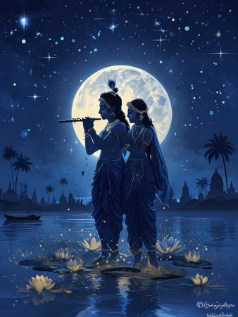 A serene night scene featuring two figures in traditional attire, playing a flute and standing by a body of water under a full moon, surrounded by stars and lotus flowers.の素材