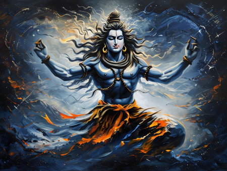 A dynamic depiction of Lord Shiva in a meditative pose, surrounded by swirling energy and cosmic elements, symbolizing his cosmic dance and spiritual power.の素材