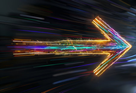 A vibrant neon arrow pointing right against a dynamic background of streaks and light trails.の素材