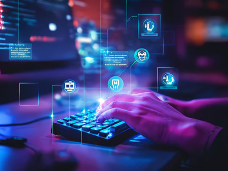 A person typing on a backlit keyboard with digital interface elements hovering around their hands.の素材