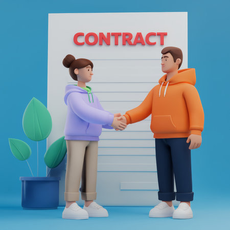 A digital illustration of two individuals shaking hands in front of a contract document with the word 'CONTRACT' on it.の素材