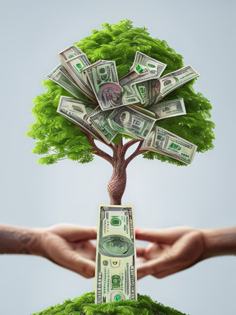 A conceptual image depicting financial growth as a tree with money bills representing leaves and branches.の素材