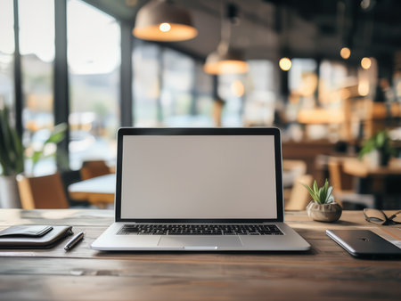 A laptop sits on a table in a cozy cafe with blurred background elements.の素材