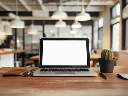 A laptop on a wooden table in an office environment with modern decor and natural light.の素材