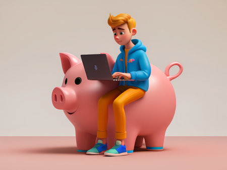 A young animated character with red hair and a bright outfit sits on a pink piggy bank while using a laptop.の素材