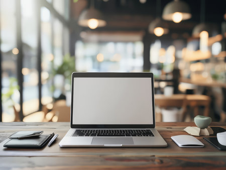 A laptop sits on a wooden table in a well-lit cafe with blurred background elements.の素材