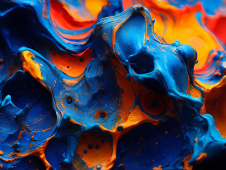 Abstract fluid forms in vibrant blues and oranges evoke a sense of movement and energy.の素材