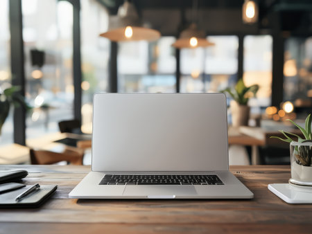 A modern laptop sits on a wooden table in a cozy cafe with soft lighting and blurred background details.の素材