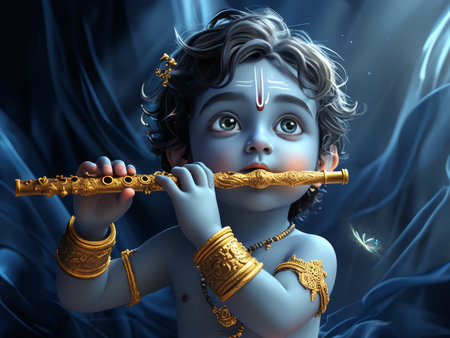 A digital illustration of a young Krishna playing the flute with divine grace.の素材