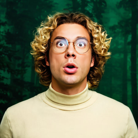 A surprised man with curly blonde hair and round glasses in a forest setting.の素材