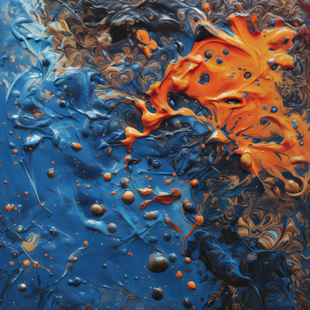 Abstract fluid painting with swirling colors of orange, black, and blue depicting a dynamic cosmic scene.の素材