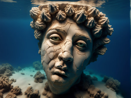A submerged statue of a classical figure with cracked features and green eyes emerging from the ocean floor.の素材