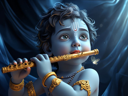 A digital illustration of a young Krishna playing the flute with a serene expression.の素材