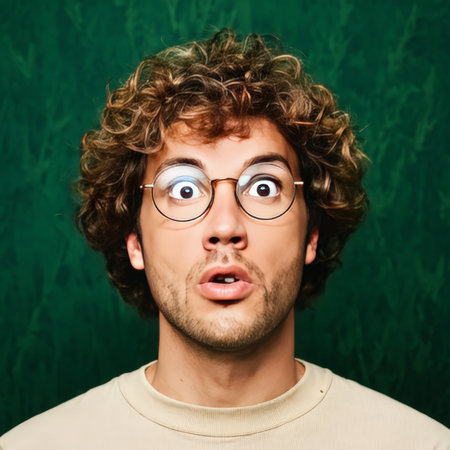 A surprised young man with curly hair and glasses against a green background.の素材