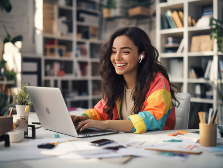 A cheerful woman working on a laptop in an organized office space.の素材
