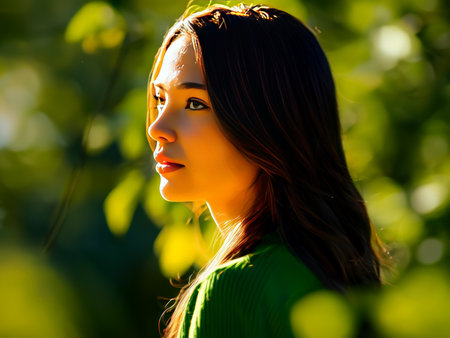 A woman in a green sweater stands amidst lush foliage with sunlight filtering through the leaves.の素材