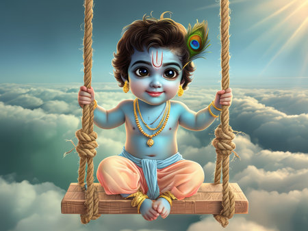 A digital illustration of a young Krishna swinging on a rope swing amidst clouds.の素材