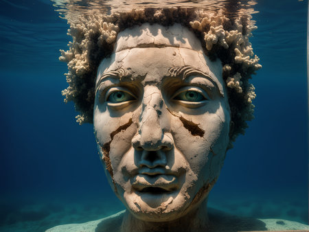 A submerged statue of a figure with green eyes and coral encrustation underwater.の素材
