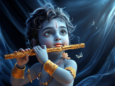A digital illustration of a young Krishna playing the flute with butterflies and flowers around him.の素材