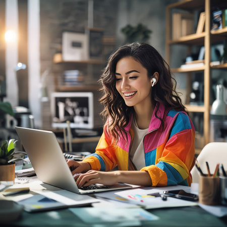 A cheerful woman in a colorful jacket works on her laptop at an organized desk.の素材