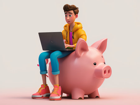 A young person with a laptop sits on a piggy bank in a colorful outfit.の素材