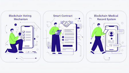 Illustrative infographic depicting blockchain technology applications in various sectors.の素材