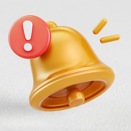 A golden bell with a red exclamation mark symbolizing an alert or warning.の素材