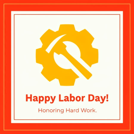 A graphic celebrating Labor Day with a yellow gear and hammer symbolizing hard work.の素材