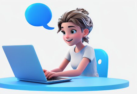 A cheerful animated girl using a laptop with a speech bubble above her head.の素材