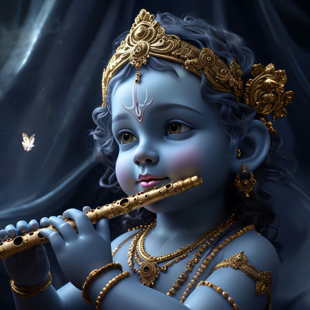A digital rendering of a young deity with blue skin playing the flute.の素材