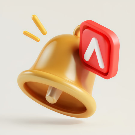 A yellow bell with a red notification icon and two small yellow sticks in motion on a plain background.の素材