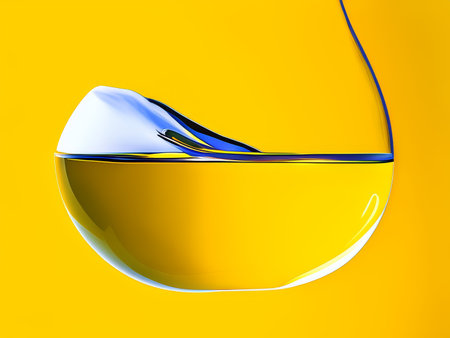 A sleek and modern liquid in a yellow bowl with reflective surfaces on a vibrant yellow background.の素材
