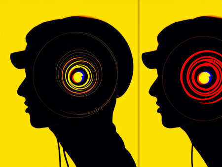 Silhouette of a person with headphones on against a yellow background; the left ear shows multicolored rings and the right ear red rings.の素材