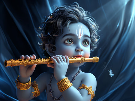 A digital rendering of a young Krishna playing the flute with a serene expression.の素材