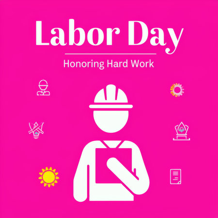 A vibrant Labor Day poster celebrating hard work with a pink background and various icons representing different professions.の素材