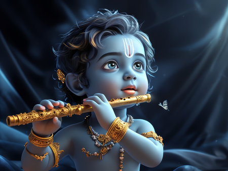 A digital illustration of a young Krishna playing the flute with a serene expression.の素材