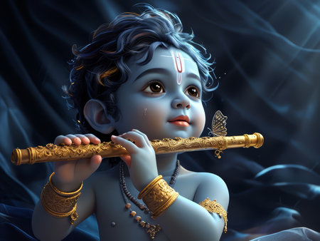 A digital rendering of a young Krishna playing the flute with a butterfly beside him.の素材