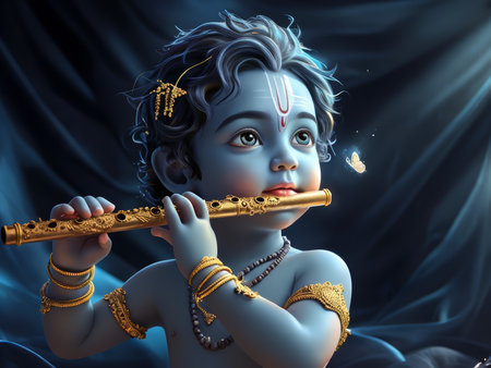 A digital illustration of a young deity playing the flute with butterflies around him.の素材