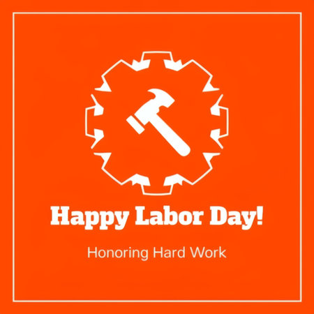 A vibrant Labor Day greeting card with a hammer and gear symbolizing hard work.の素材