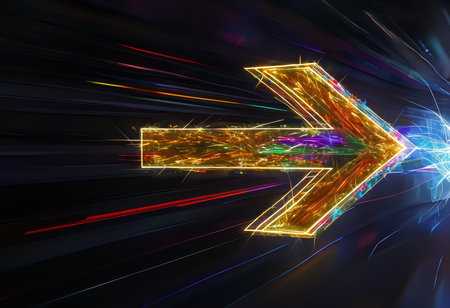 A dynamic digital illustration of a glowing arrow pointing right with streaks and lines suggesting rapid movement.の素材